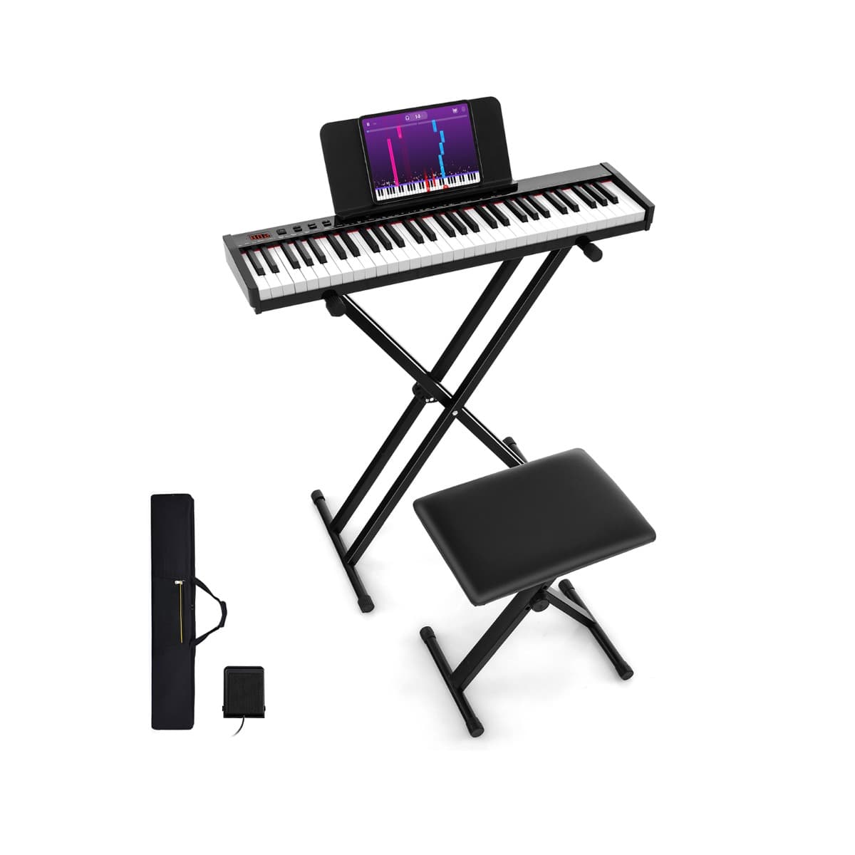 CostwayClavier Electronique Portable à 61 Touches avec Support et Tabouret Touches Semi-lestées Fonction Audio MIDI Sans Fil Pupitre